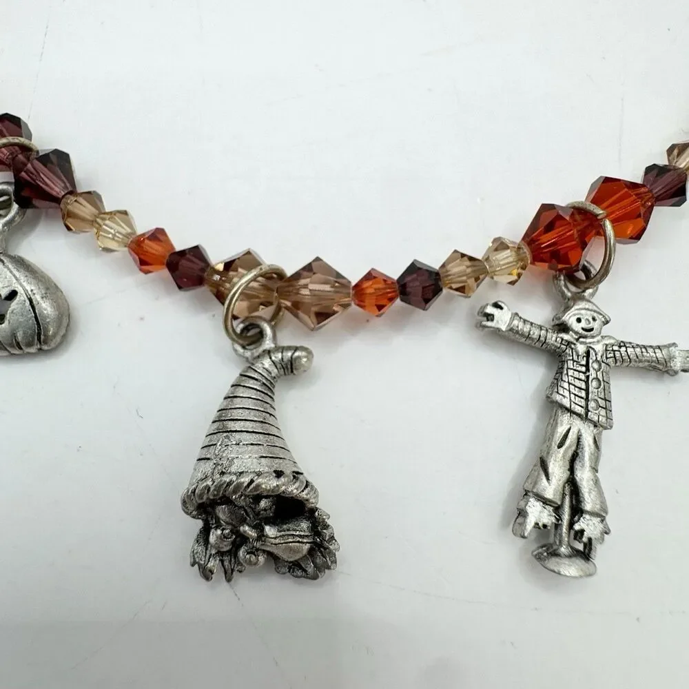 Fall Halloween Autumn Beaded Charm Bracelet Pumpkin Scarecrow Cornucopia